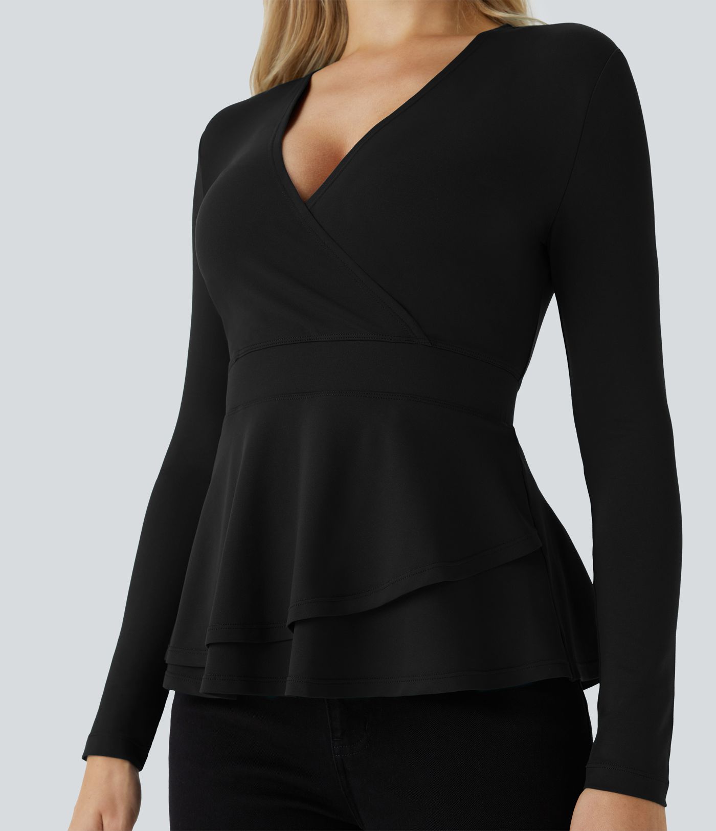 Blusa cuello V manga larga dobladillo volante