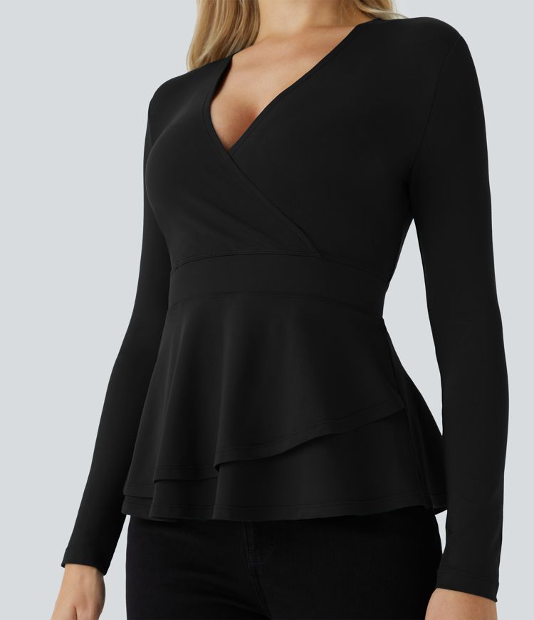 Blusa cuello V manga larga dobladillo volante