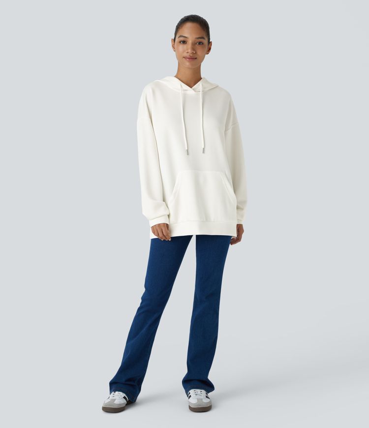 Hooded Drawstring Long Sleeve Kangaroo Pocket Crossover Split Casual Sweatshirt