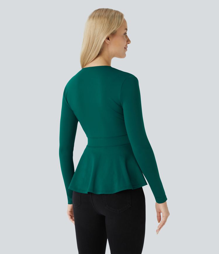 Blusa cuello V manga larga dobladillo volante