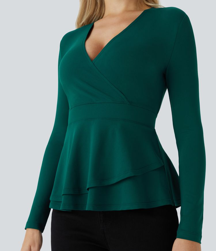 Blusa cuello V manga larga dobladillo volante