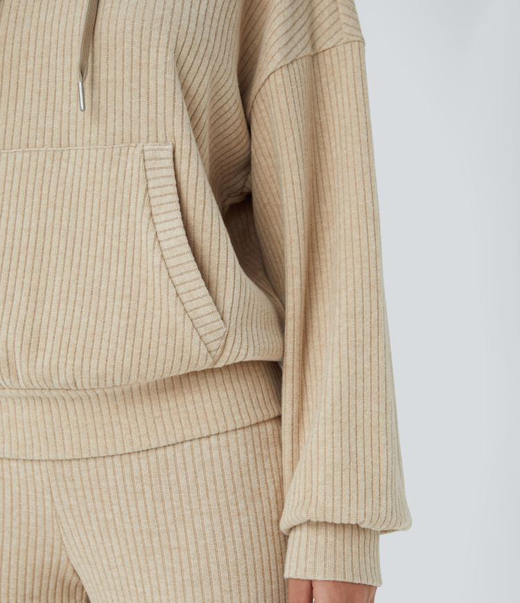 Sudadera acanalado capucha cordón ajustable manga larga bolsillo canguro