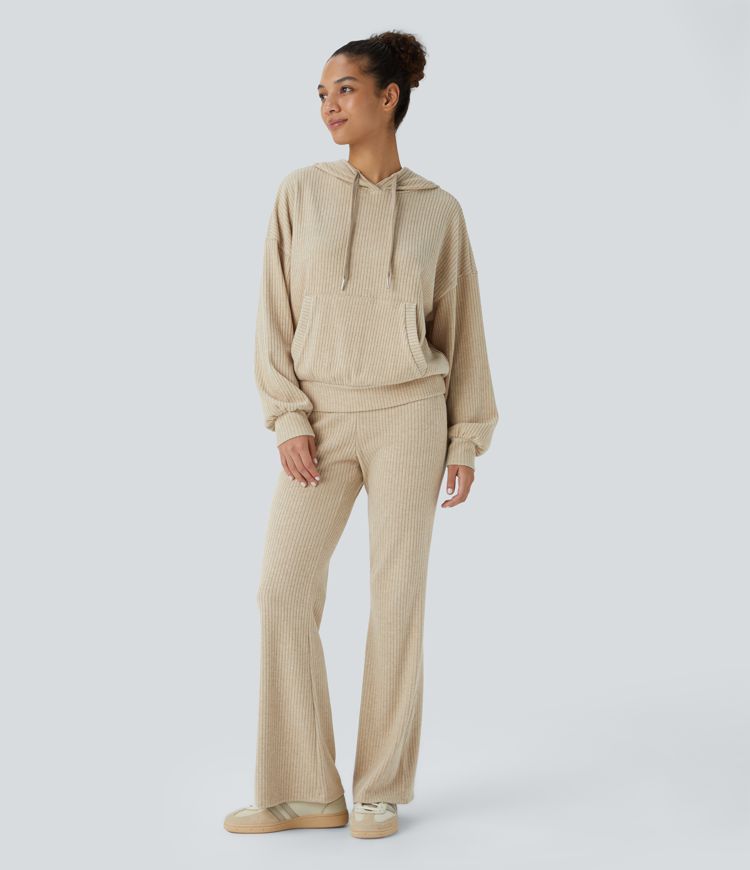 Sudadera acanalado capucha cordón ajustable manga larga bolsillo canguro