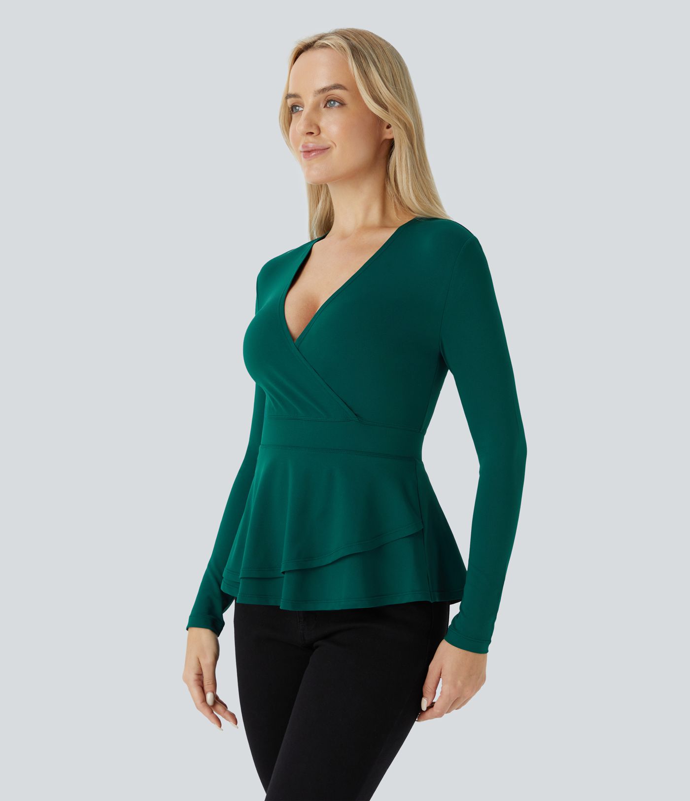 V Neck Long Sleeve Ruffle Hem Casual Top