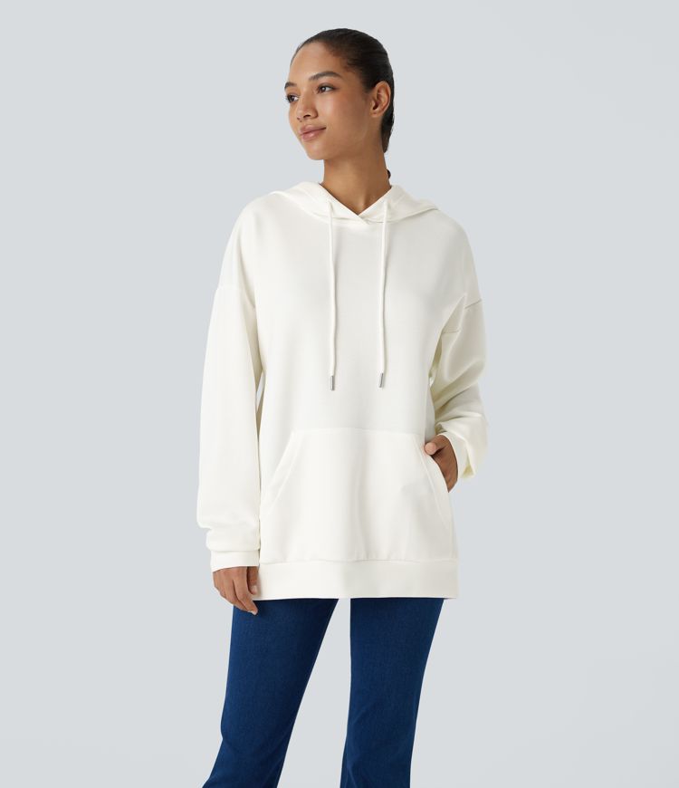 Hooded Drawstring Long Sleeve Kangaroo Pocket Crossover Split Casual Sweatshirt