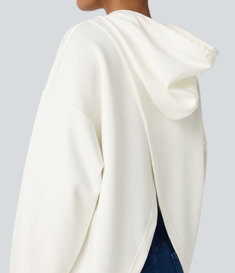 Hooded Drawstring Long Sleeve Kangaroo Pocket Crossover Split Casual Sweatshirt