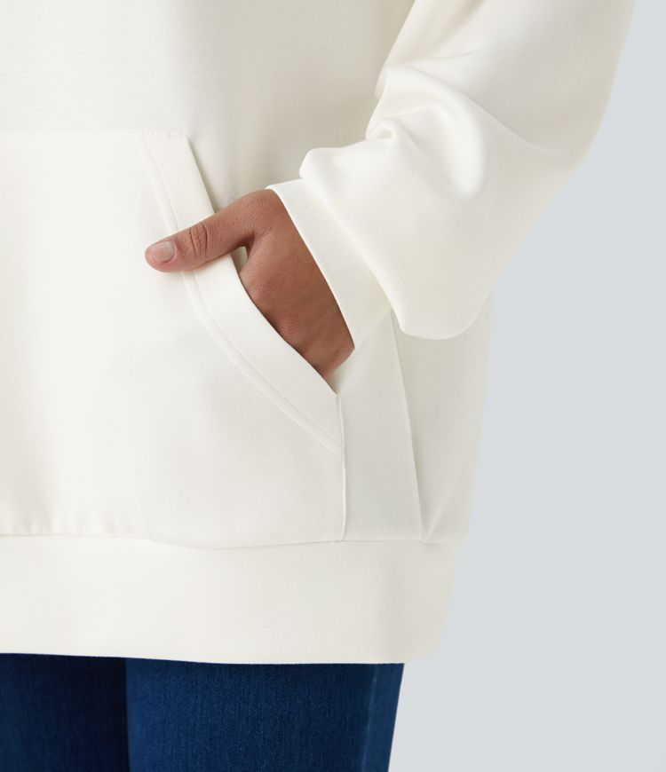 Hooded Drawstring Long Sleeve Kangaroo Pocket Crossover Split Casual Sweatshirt