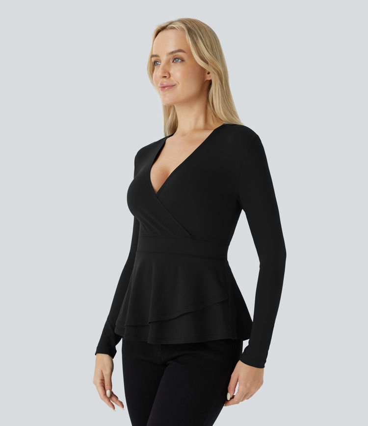 Blusa cuello V manga larga dobladillo volante