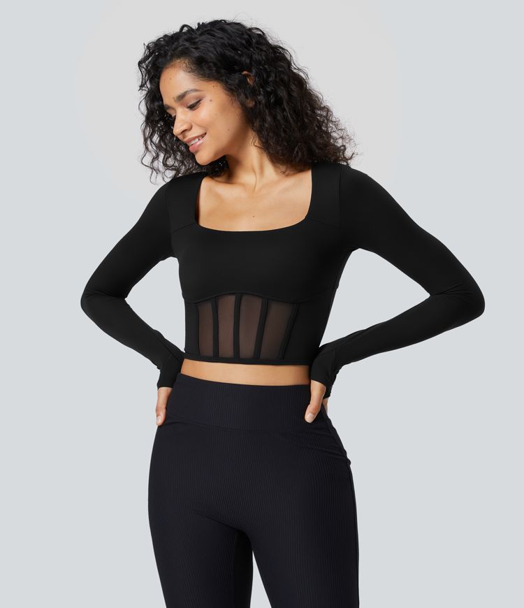 Softlyzero™ Top Sport Yoga Croisé Col Carré Trou pour Pouce Corset Maille Élastique