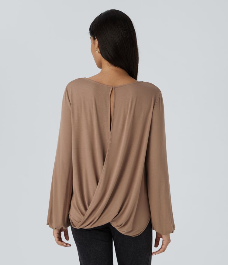 Ribbed Boat Neck Crossover Cut Out Long Sleeve Casual Top