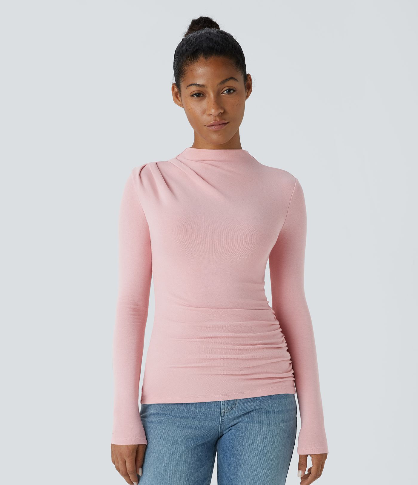 Funnel Neck Long Sleeve Ruched Skinny Thermal Casual Top