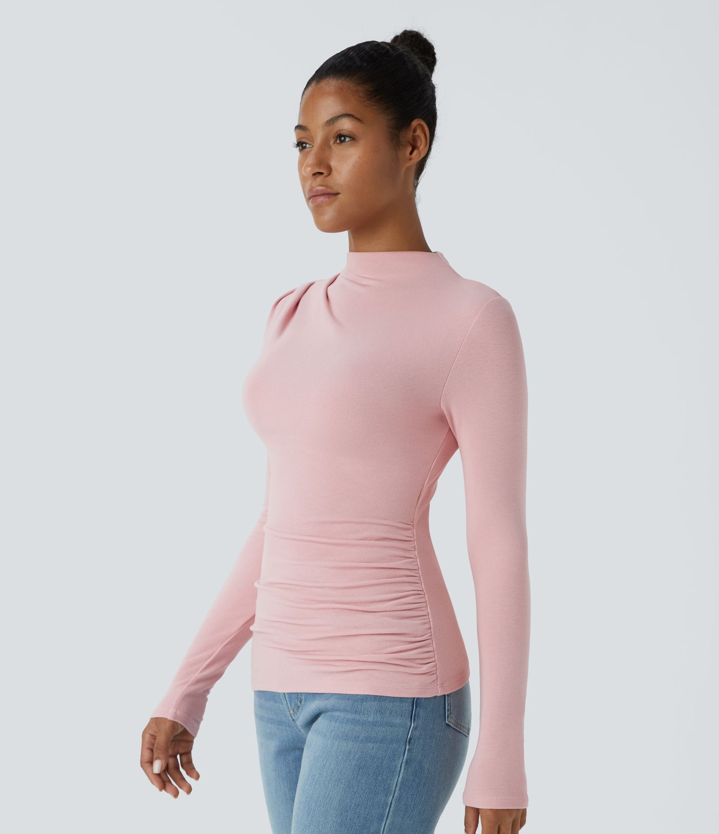 Funnel Neck Long Sleeve Ruched Skinny Thermal Casual Top