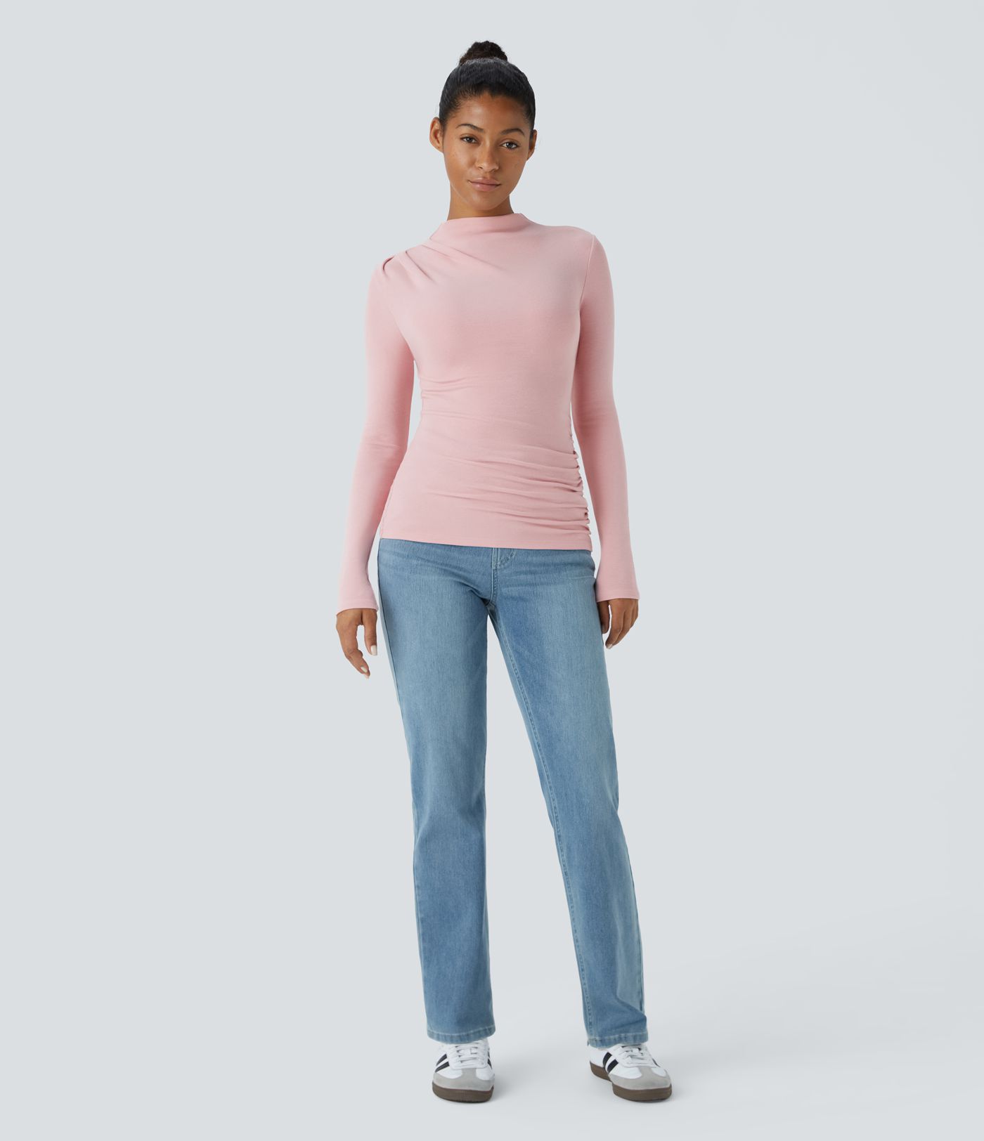 Funnel Neck Long Sleeve Ruched Skinny Thermal Casual Top