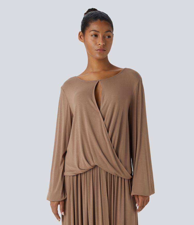 Ribbed Boat Neck Crossover Cut Out Long Sleeve Casual Top