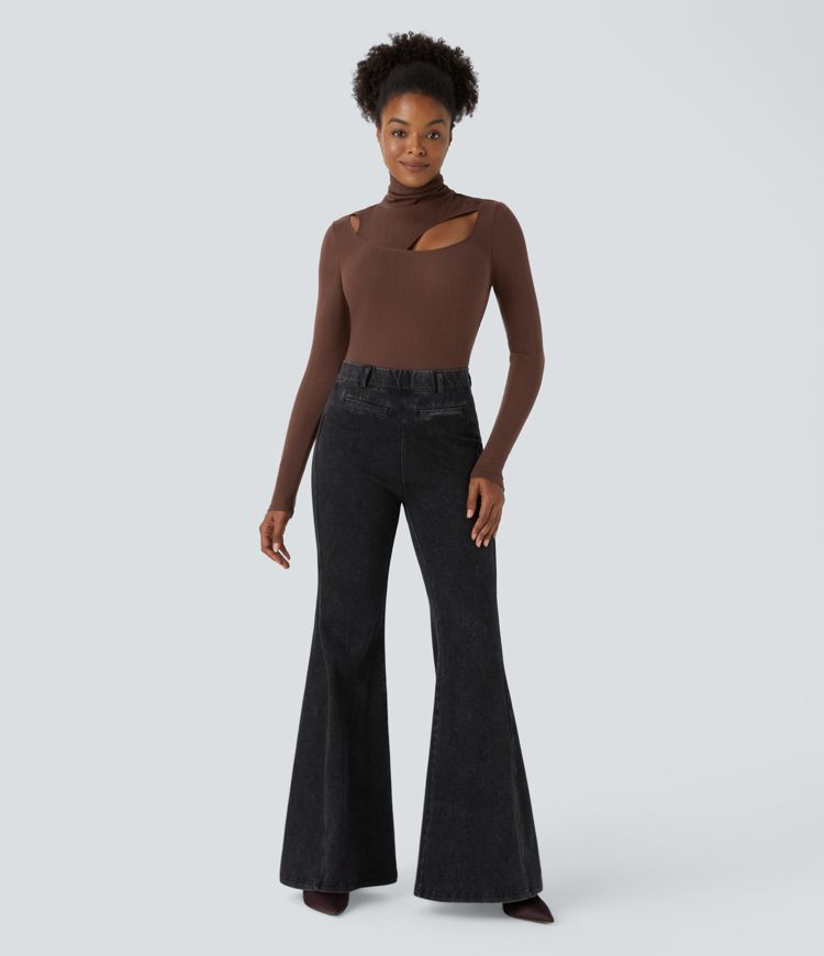 Top ajustado manga larga cuello alto abertura acanalado