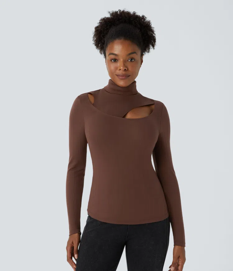 Ribbed knit high neck cutout long sleeve skinny casual top