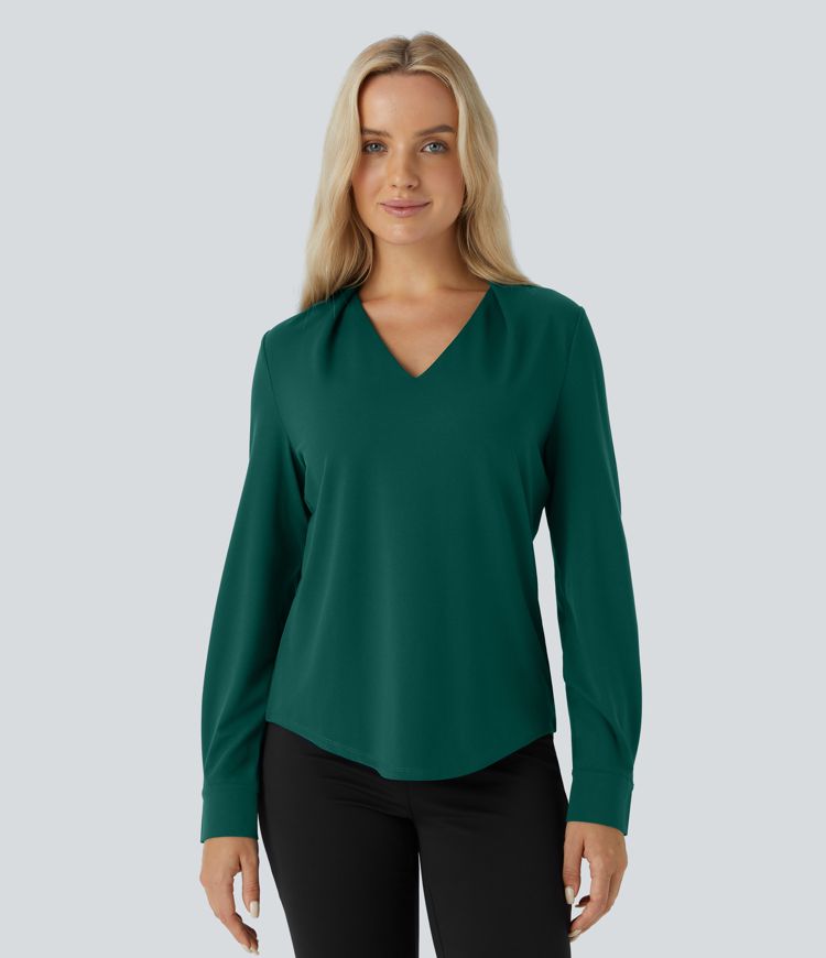 Crossover V Neck Long Sleeve Curved Hem Casual Top