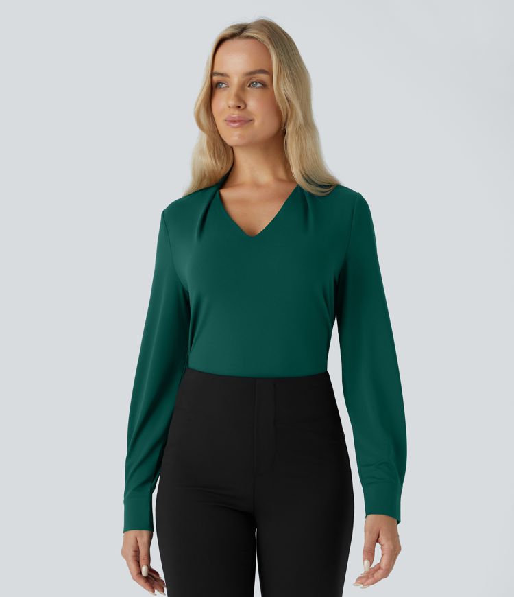 Crossover V Neck Long Sleeve Curved Hem Casual Top