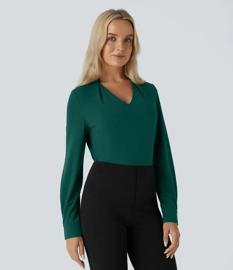 Crossover V-neck long sleeve curved hem casual top