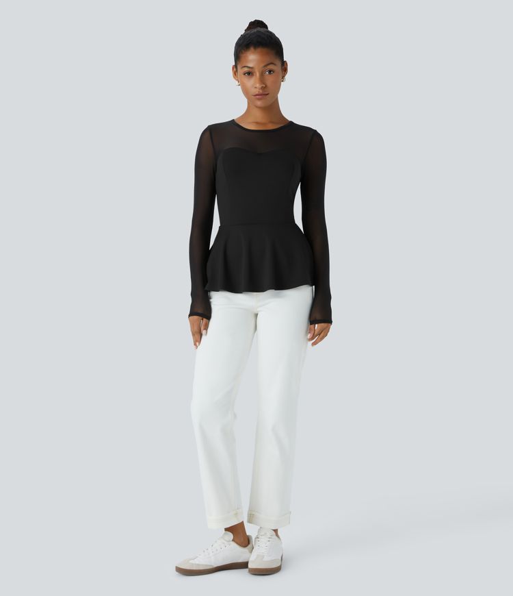 Round Neck Contrast Mesh Long Sleeve Frill Hem Casual Peplum Top