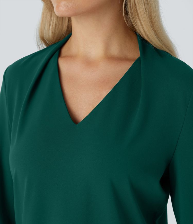 Crossover V Neck Long Sleeve Curved Hem Casual Top