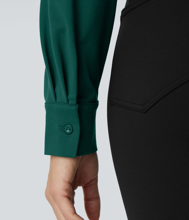 Crossover V Neck Long Sleeve Curved Hem Casual Top