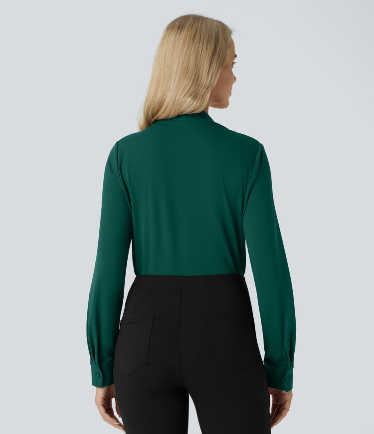 Crossover V Neck Long Sleeve Curved Hem Casual Top