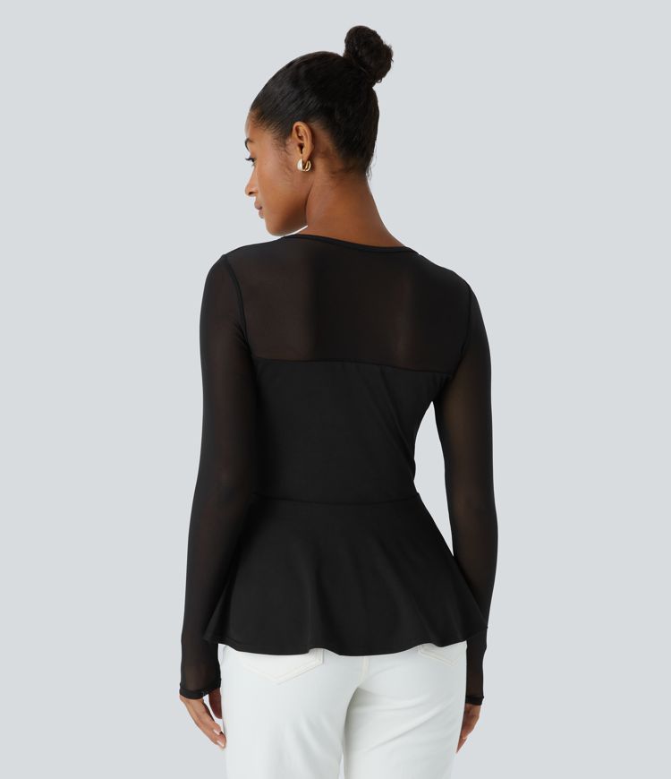 Round Neck Contrast Mesh Long Sleeve Frill Hem Casual Peplum Top