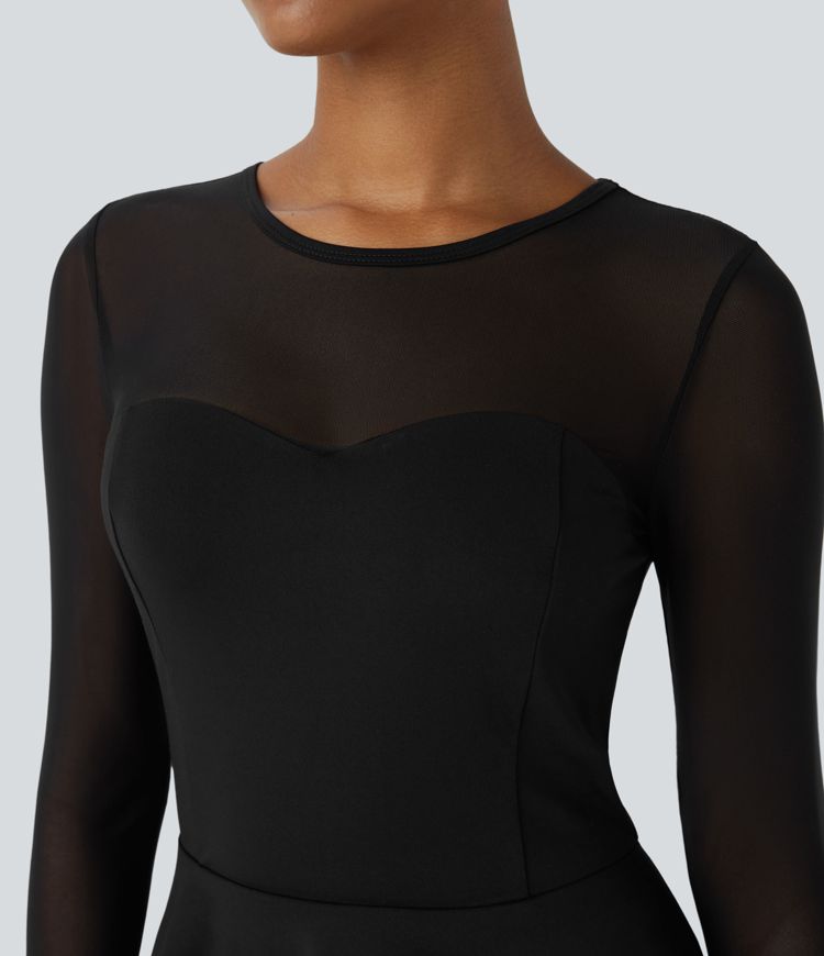 Round Neck Contrast Mesh Long Sleeve Frill Hem Casual Peplum Top