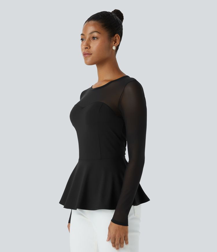 Round Neck Contrast Mesh Long Sleeve Frill Hem Casual Peplum Top