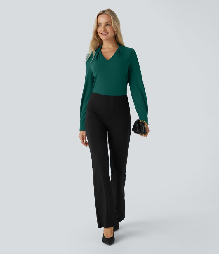 Crossover V Neck Long Sleeve Curved Hem Casual Top