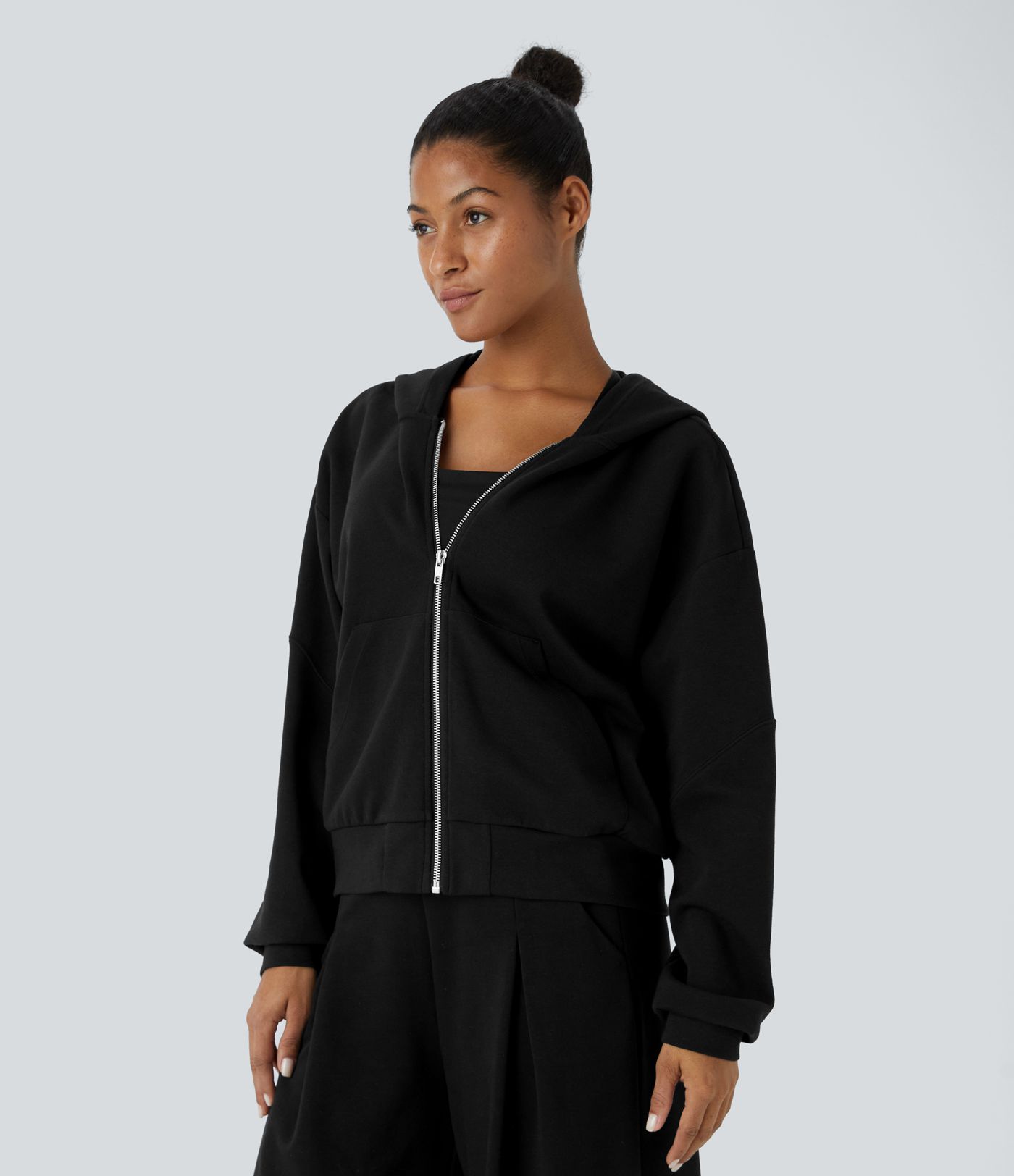 Sudadera yoga relajada capucha hombro caído manga larga bolsillo canguro cremallera