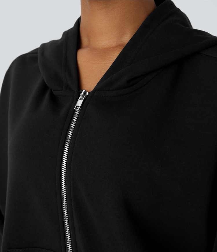 Sudadera yoga relajada capucha hombro caído manga larga bolsillo canguro cremallera