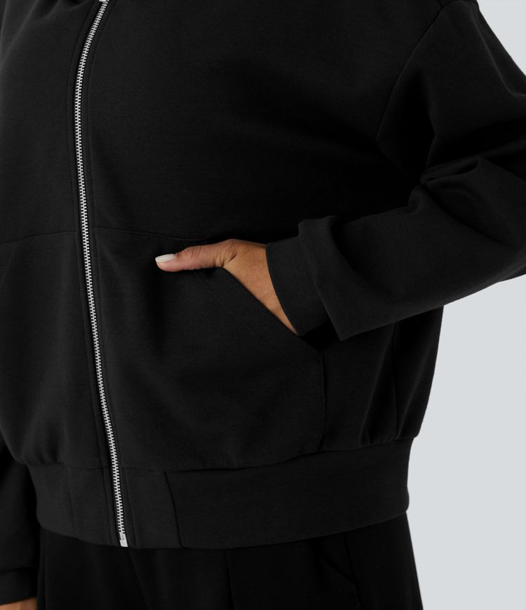 Sudadera yoga relajada capucha hombro caído manga larga bolsillo canguro cremallera