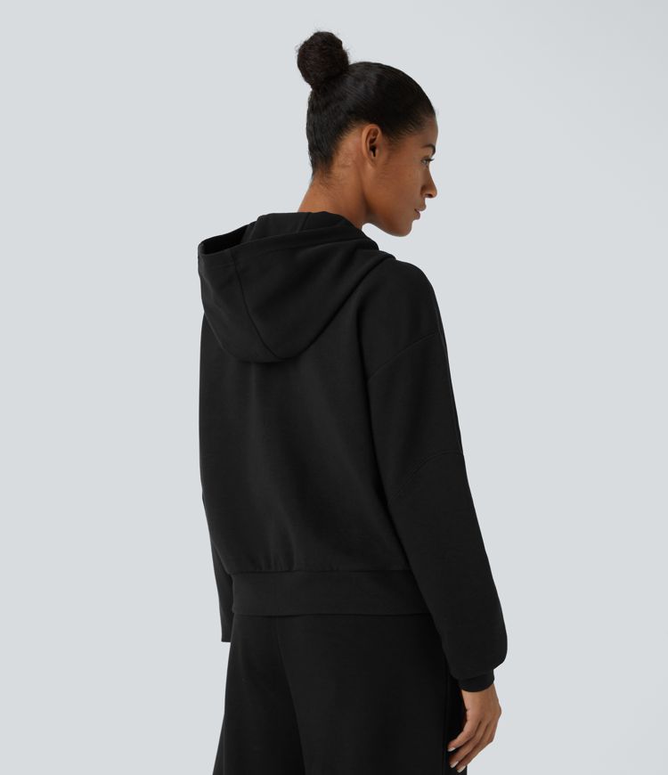 Sudadera yoga relajada capucha hombro caído manga larga bolsillo canguro cremallera