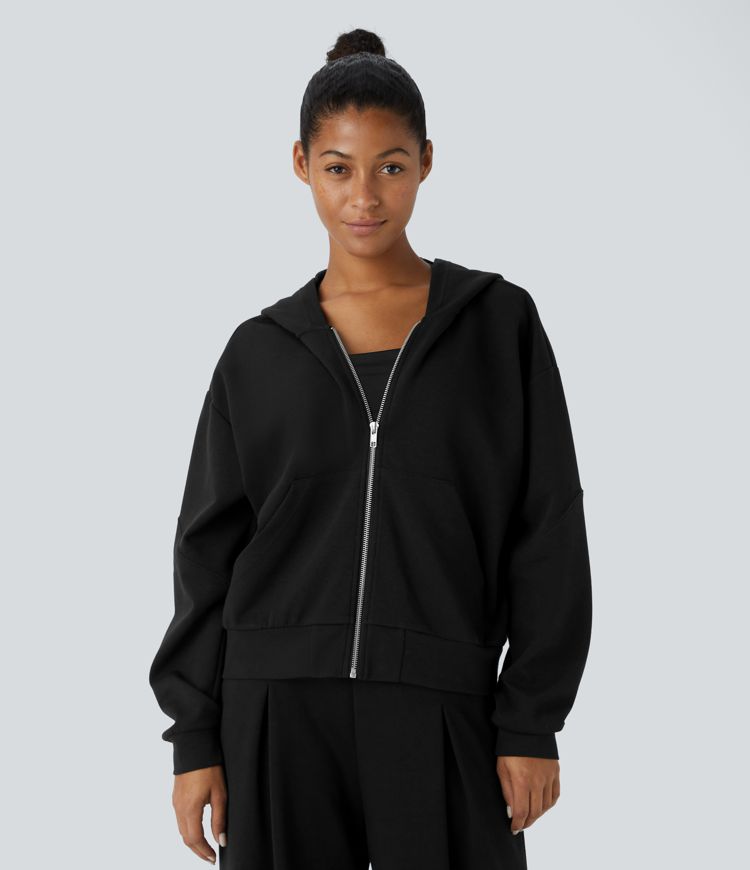 Hooded Dropped Shoulder Long Sleeve Kangaroo Pocket Zipper Relaxed Yoga Sweatshirt