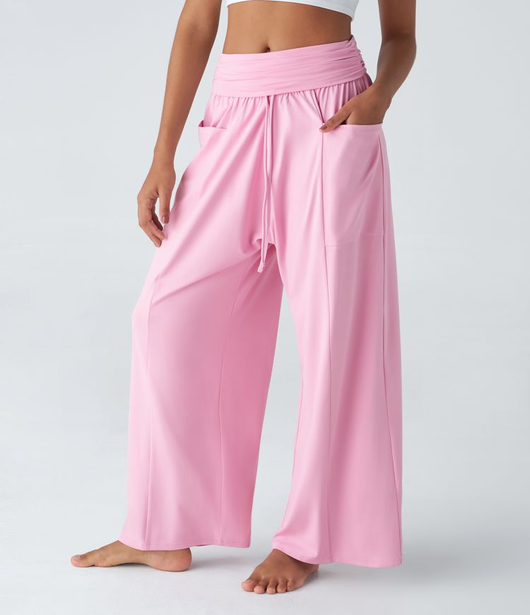 Mid Rise Foldover Drawstring Side Pocket Harem Wide Leg Resort Pants