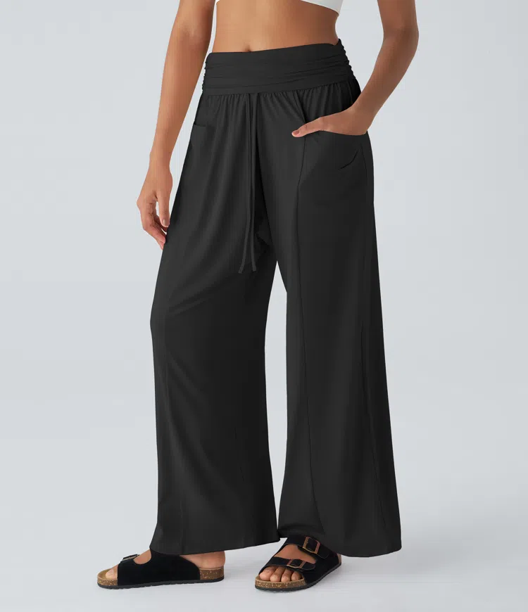 Mid rise foldover drawstring side pocket harem wide leg resort pants