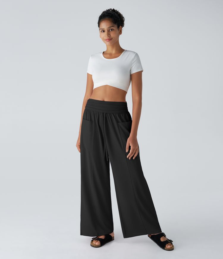 Pantalón cargo harén pierna ancha bolsillo lateral cordón plegable tiro medio