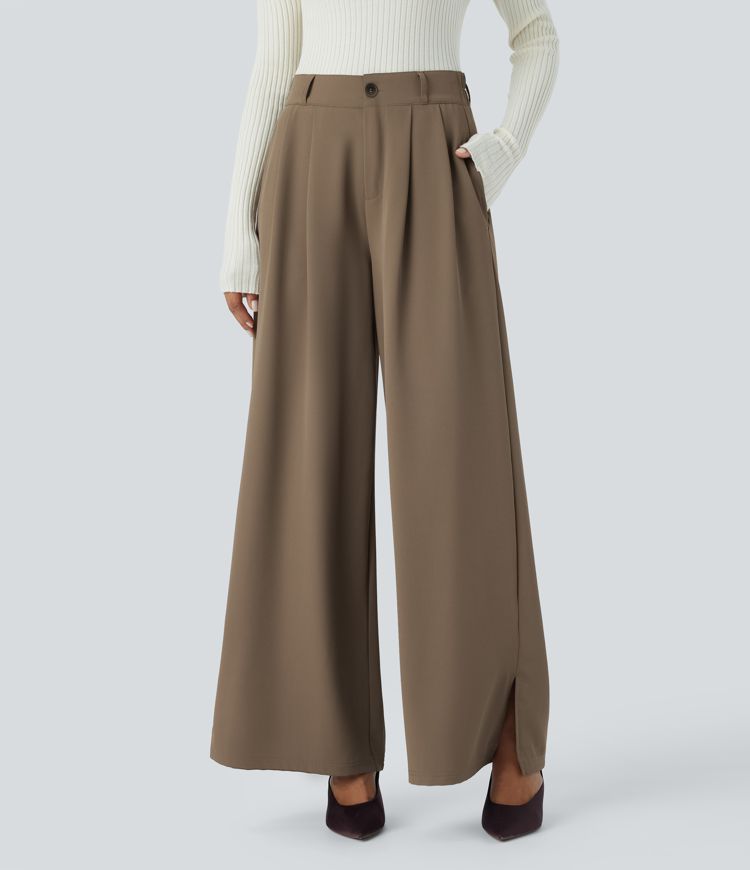 High Waisted Zipper Pocket Hem Wide Leg Work Pants