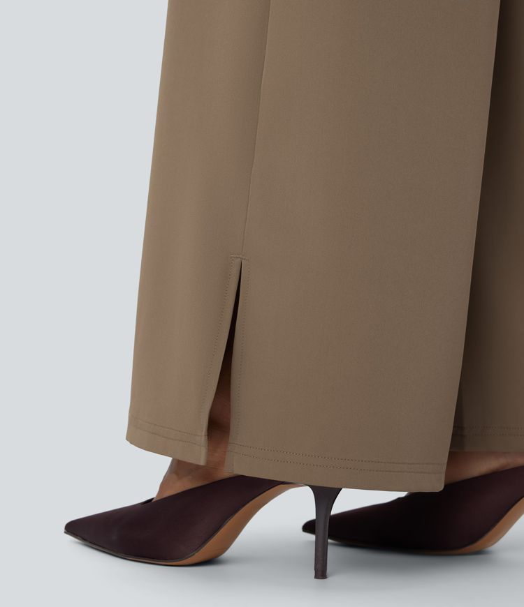 High Waisted Zipper Pocket Hem Wide Leg Work Pants