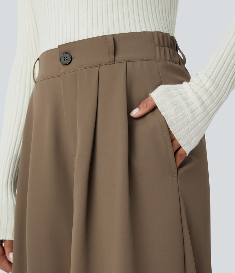 High Waisted Zipper Pocket Hem Wide Leg Work Pants