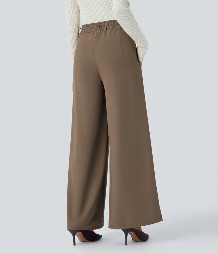 High Waisted Zipper Pocket Hem Wide Leg Work Pants