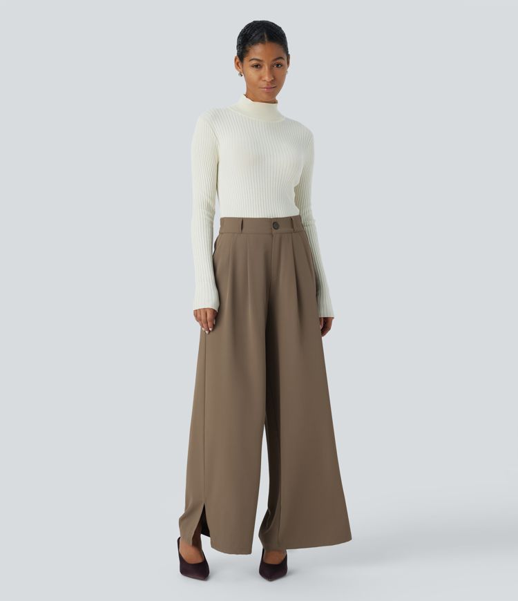 High Waisted Zipper Pocket Hem Wide Leg Work Pants