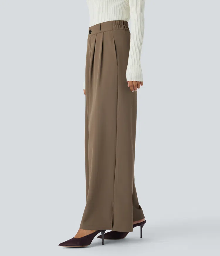 High waist button zipper pleated side pocket split hem wide leg work pants
