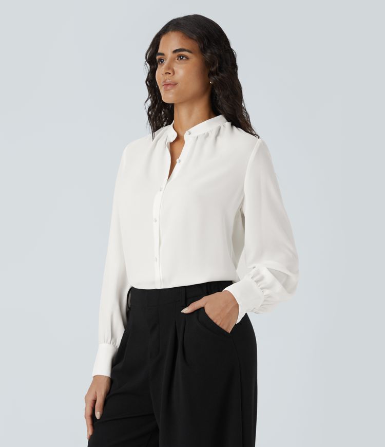 Stand Collar Long Sleeve Solid Relaxed Work Shirt