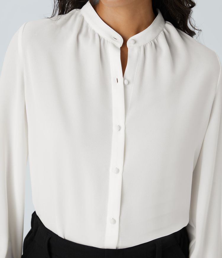 Stand Collar Long Sleeve Solid Relaxed Work Shirt