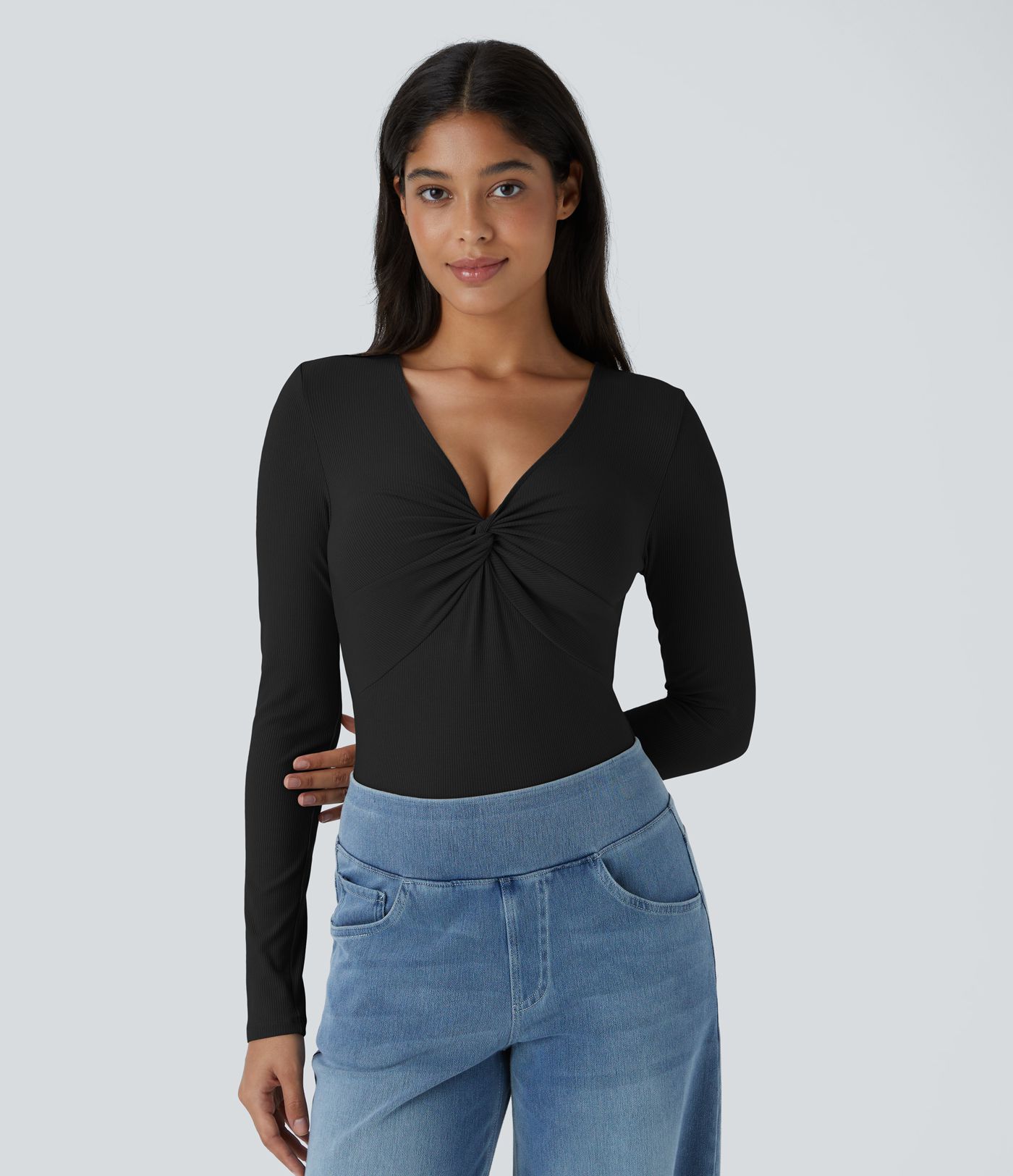 Ribbed Knit V Neck Long Sleeve Snap Skinny Casual Bodysuit