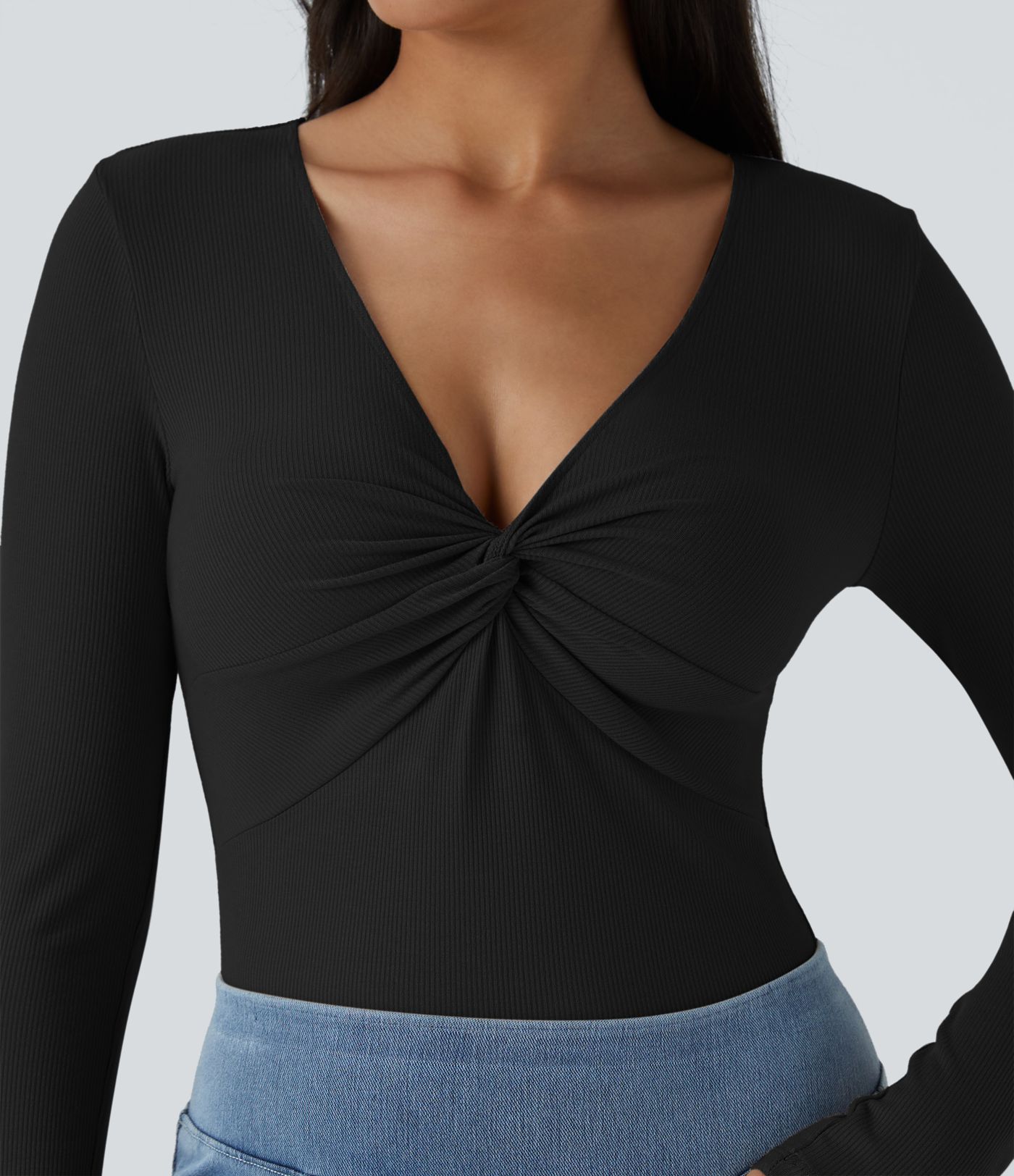 Ribbed Knit V Neck Long Sleeve Snap Skinny Casual Bodysuit