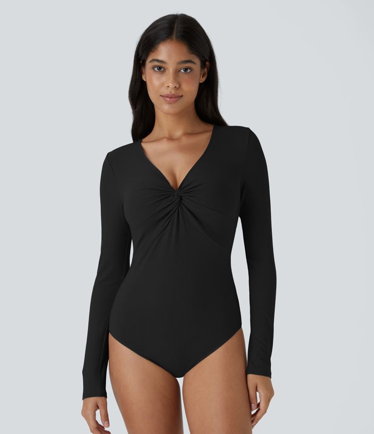 Body ajustado botón presión manga larga torcida cuello V acanalado